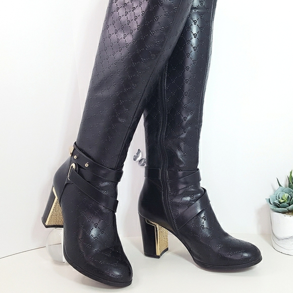 FELLINI🔥Black Round Toe Heels Italian-made Riding Boots |Gold Accent